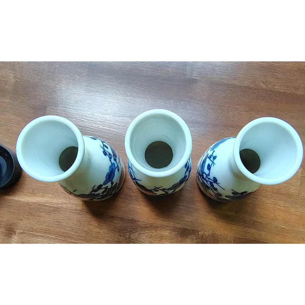 (3) Vtg Japanese Sake Bottle Decanter Vase Blue Porcelain Bamboo Cherry Blossoms